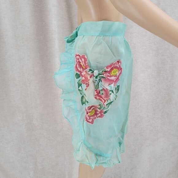 VINTAGE 50s Hostess Waist Apron Sheer Blue Sheer Ruffled - Picture 3 of 12